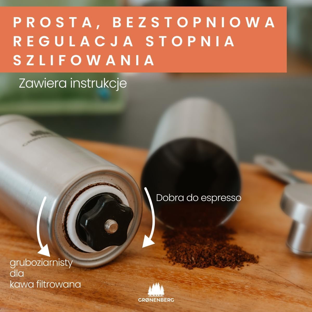 Przenośny ręczny ceramiczny młynek do kawy ze stali nierdzewnej. Regulowane stożkowe żarna. Wytrzymały, łatwy w czyszczeniu i użytkowaniu. Na biwak, do domu, w podróży.