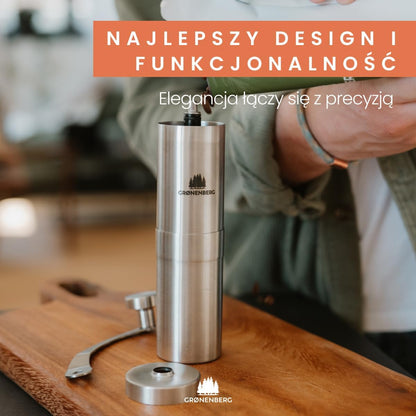 Przenośny ręczny ceramiczny młynek do kawy ze stali nierdzewnej. Regulowane stożkowe żarna. Wytrzymały, łatwy w czyszczeniu i użytkowaniu. Na biwak, do domu, w podróży.